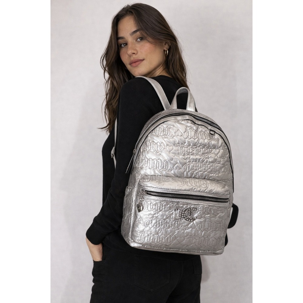 Juicy Couture Metallic Silver Quilted Logo‎ Backpack Rhinestone JC Heart Y2K NEW